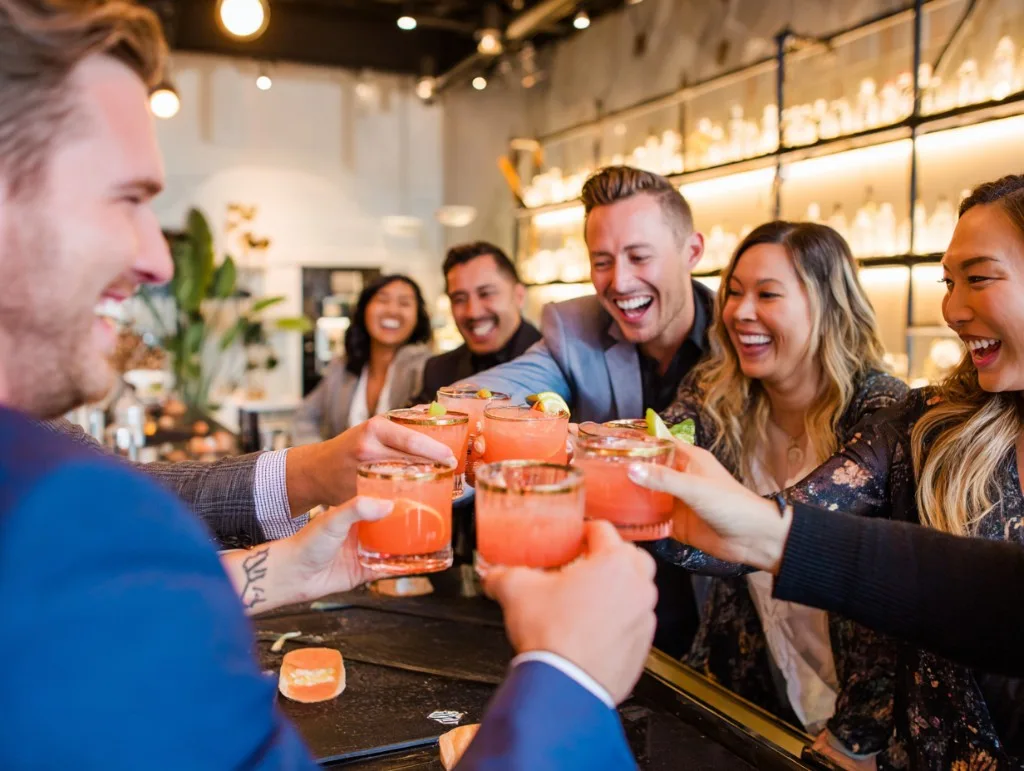 Corporate team toasting with margaritas at a work party in Superchido's agave bar, Seddon
