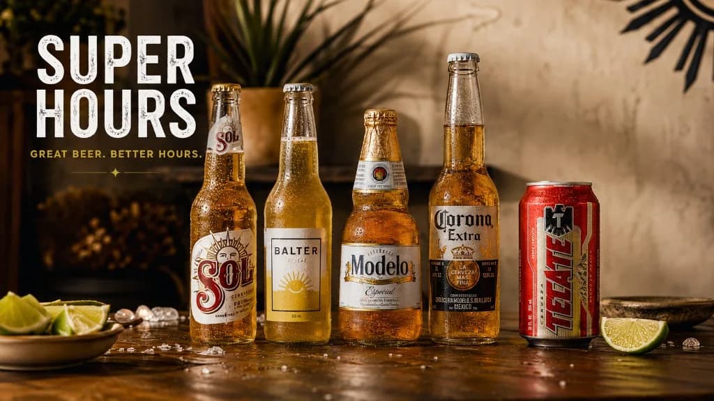 Super Hour beers — Sol, Balter, Modelo, Corona and Tecate at Superchido in Seddon