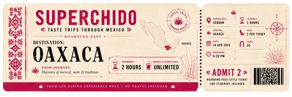 Superchido Trip to Mexico boarding pass for Oaxaca — mezcal, mole and tradition