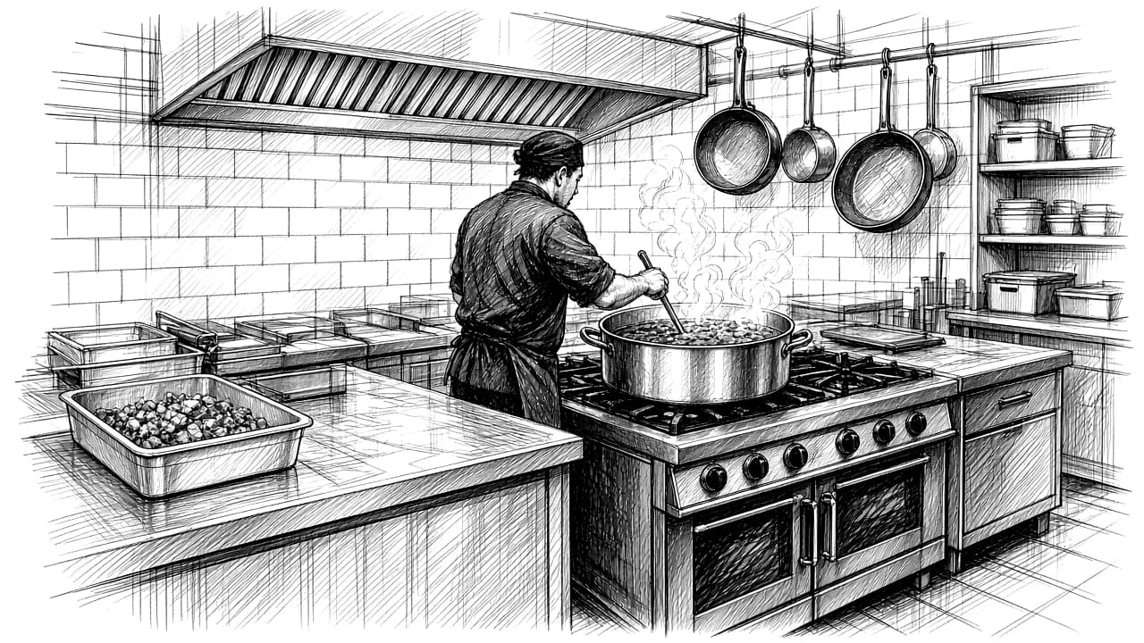 Boceto a tinta de la cocina comercial de Superchido con una olla de birria