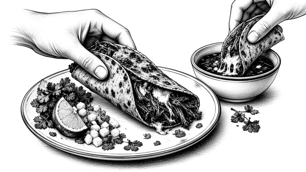 Boceto a tinta de manos comiendo tacos de birria a la manera auténtica — dippeando en el consomé, sin cubiertos