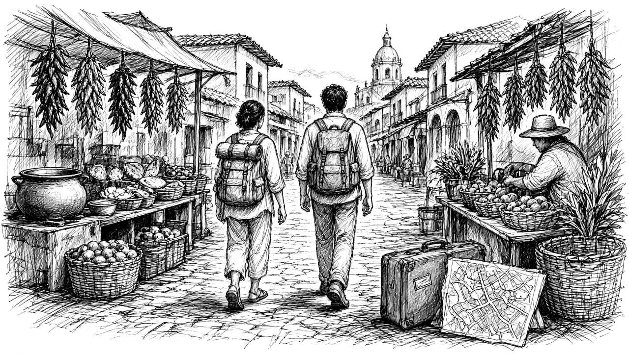 Boceto a tinta de un mercado en México — el viaje antes del menú Superchido