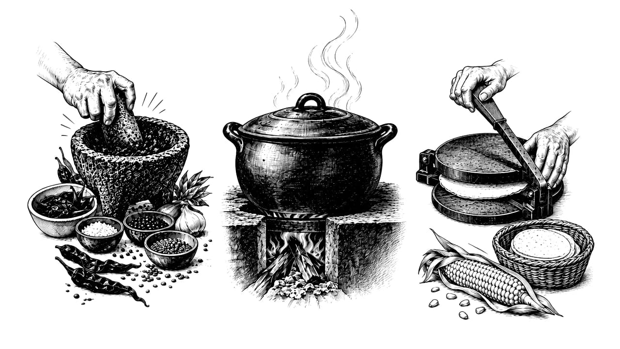 Boceto a tinta de un molcajete, una olla tapada sobre fuego de leña y una prensa de tortillas