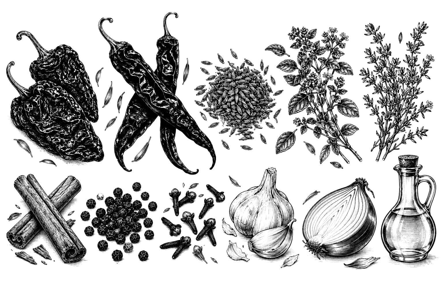 Boceto a tinta de chiles secos, especias y aromáticos para la birria Superchido