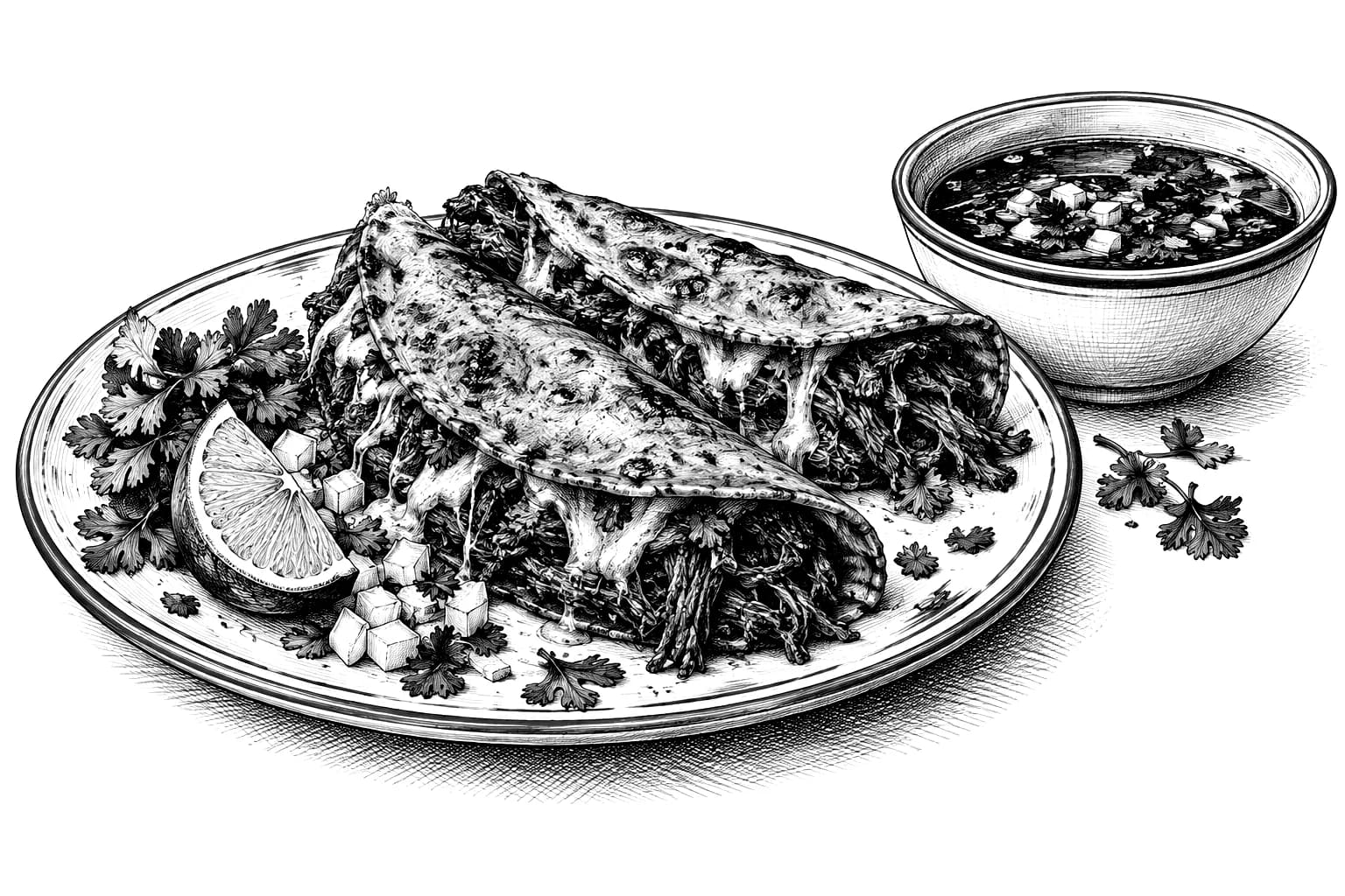 Ink sketch of Superchido birria tacos with consomé, lime, onion and coriander